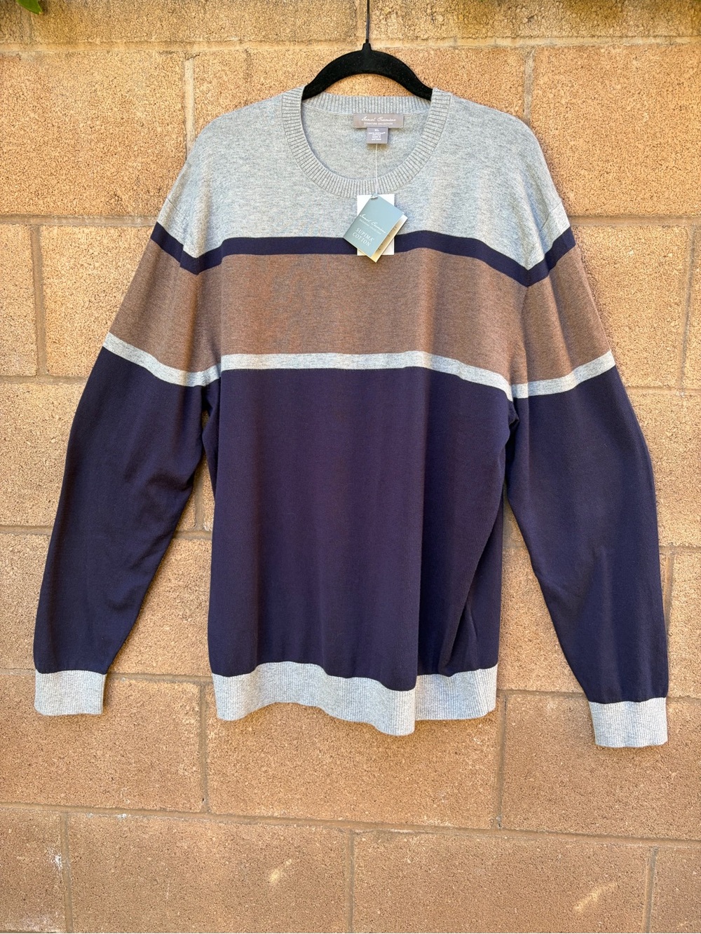 Daniel Cremieux Navy, Brown Gray Striped 100% Supima Cotton Crewneck Sweater